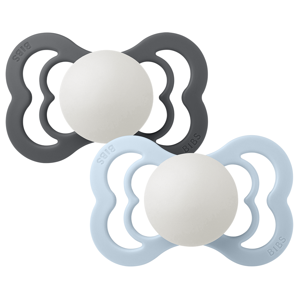 Supreme GLOW Pacifiers 2 Pack - Iron/Baby Blue