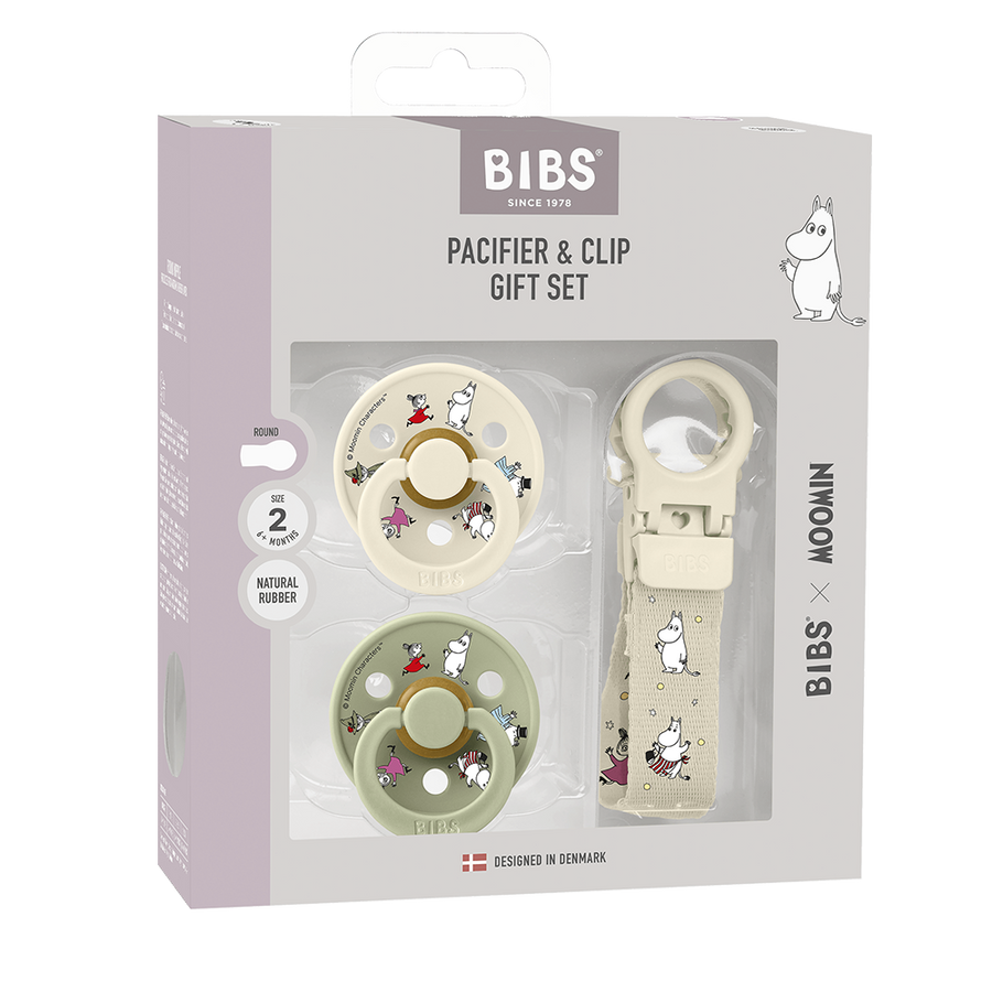 BIBS x Moomin Colour Pacifier & Loop Clip Gift Set - Ivory/Sage